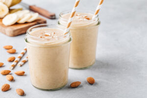 Photo of a protein shake with almonds and banana